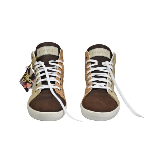 Sneakers handmadebrown oiled leather, cork and fashion materials.